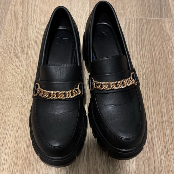Black Leather Loafers with Gold Chain Accent - Picture 1 of 7